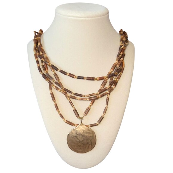 J. Jill Layered Beaded Necklace Hammered Gold Tone Pendant Cord Adjustable - Picture 10 of 15